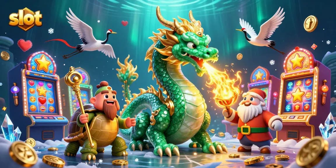 Spin and win at slot machines with a jade dragon, turtle sage, and lucky cranes in an energetic casino scene