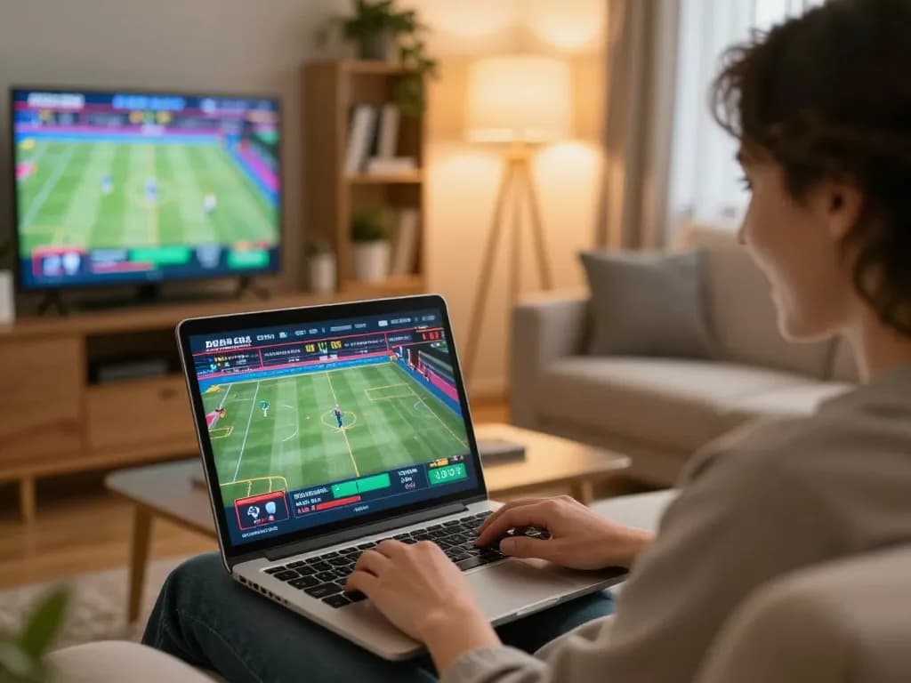 Iwin player engaged in lively sports betting action at home with laptop interface.