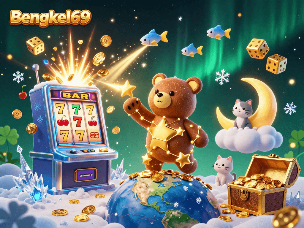 Bengkel69 players enjoy a vibrant 3D casino illustration filled with slot machines and treasures.