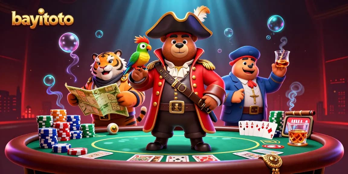 Join the excitement in bayitoto's vibrant 3D casino illustration featuring a pirate captain and a treasure map.