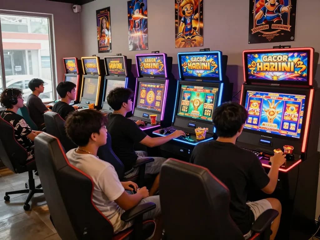 Engaging scene of players enjoying slot gacor hari ini in a vibrant gaming lounge with illuminated screens and colorful LED lights.