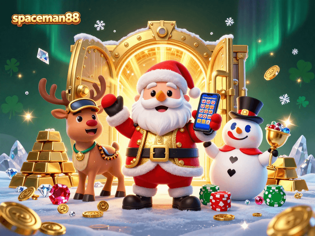 Experience high-stakes fun with spaceman88 in this festive slot scene filled with treasures!