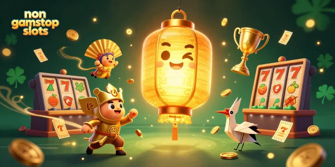 Engage with non gamstop slots in a vibrant casino scene featuring a golden lantern spirit and dynamic gaming elements.