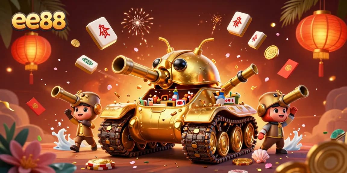 Play at ee88's vibrant mini casino scene with golden confetti and lively game elements.