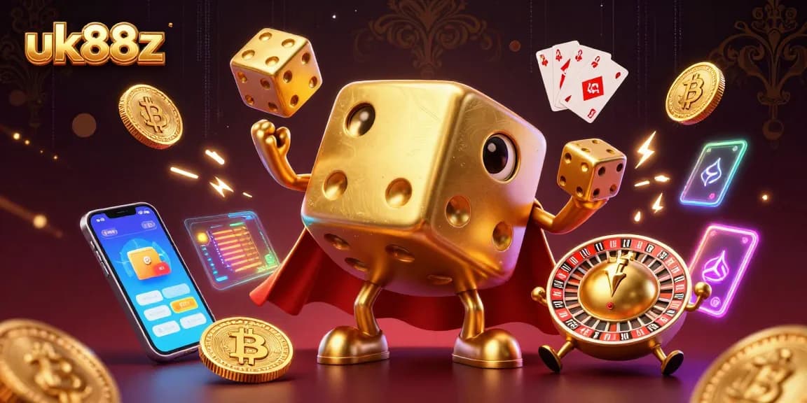 uk88z players enjoying exciting casino games with animated golden dice and cryptocurrencies.