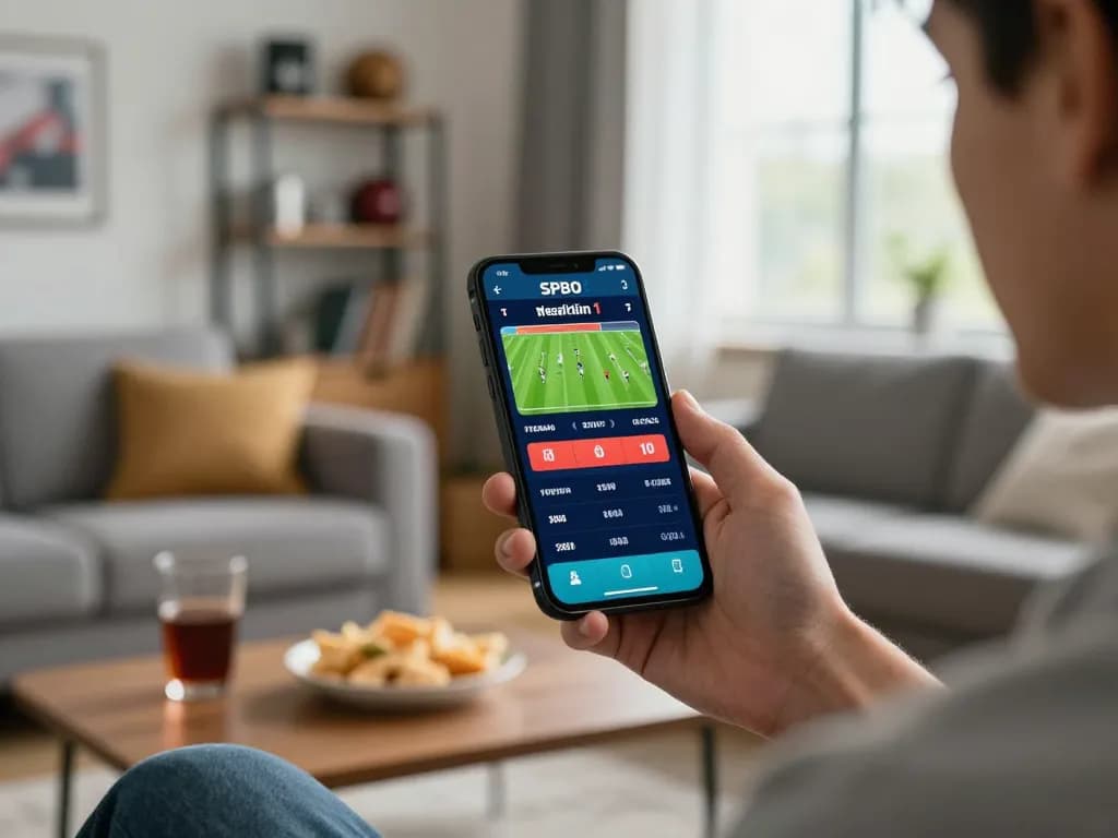 Orang yang melacak skor langsung di aplikasi SPBO 1 untuk pengalaman taruhan olahraga yang dinamis di rumah.