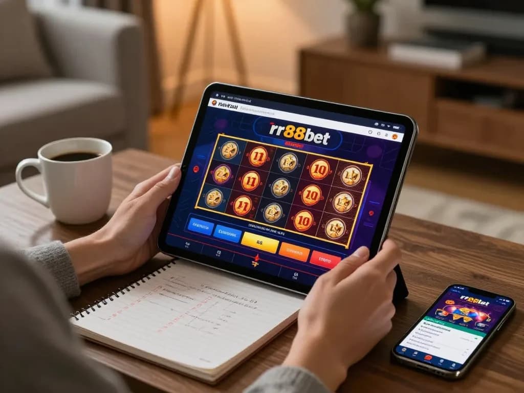 Engaged in online rr88bet gaming, a player uses a tablet in a stylish home setup, emphasizing responsible betting.