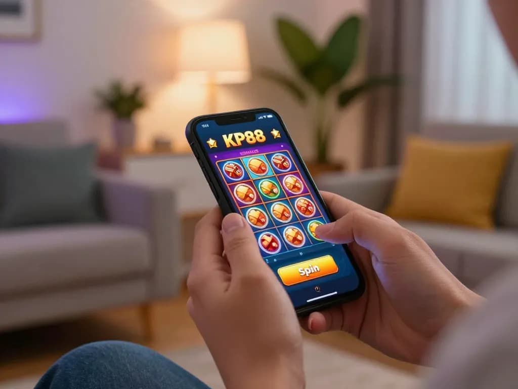Engaging moment of a player interacting with the KP88 casino app on smartphone, showcasing mobile gaming excitement.