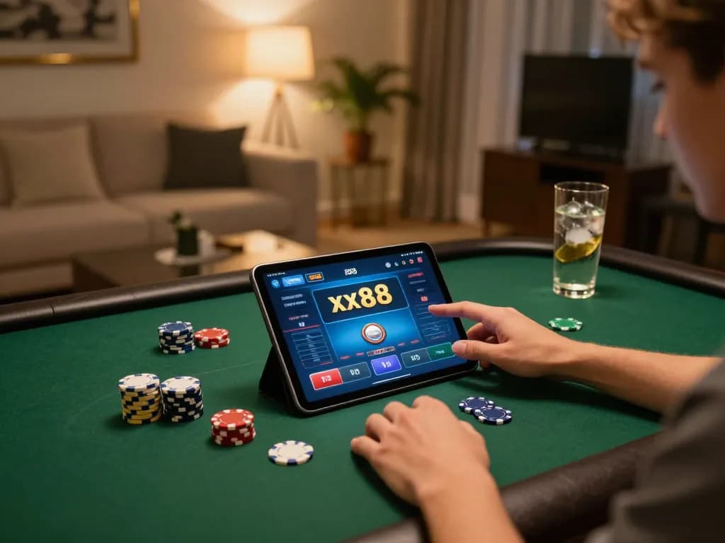 Engaging in online gaming at xx88 with a tablet in a cozy living room