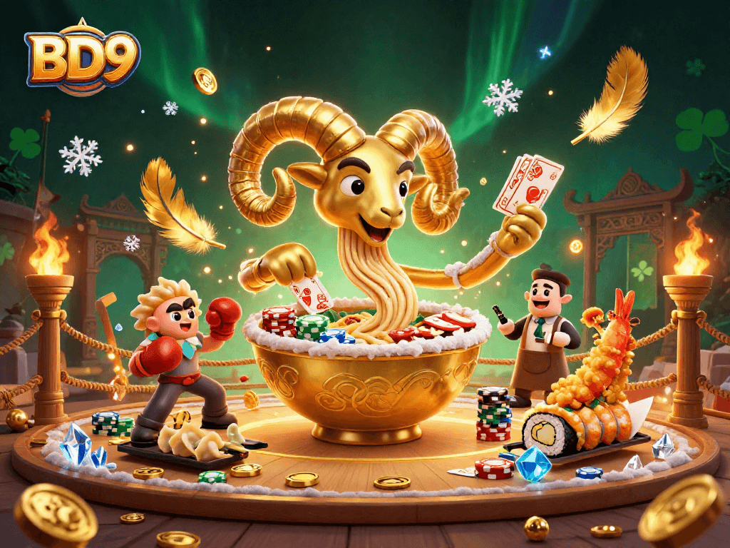 Engage with BD9's vibrant gaming world through a 3D scene with a golden ramen bowl dealer.