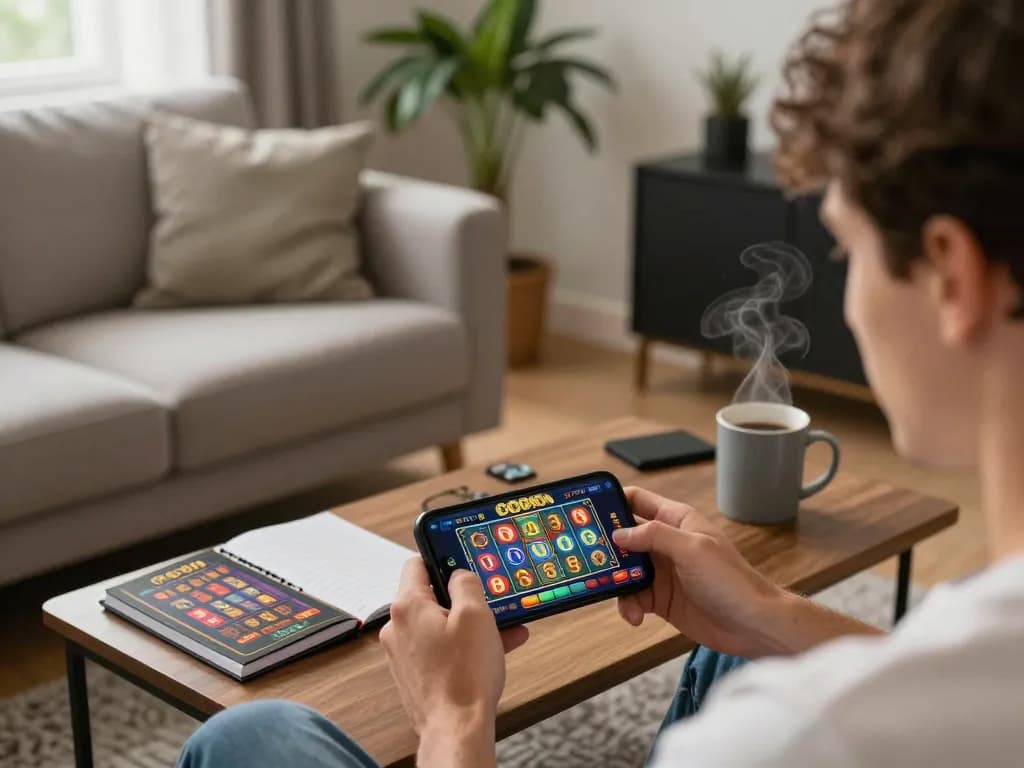A player enjoying non gamstop gaming on their smartphone within a cozy home setup, showcasing a vibrant online casino atmosphere.