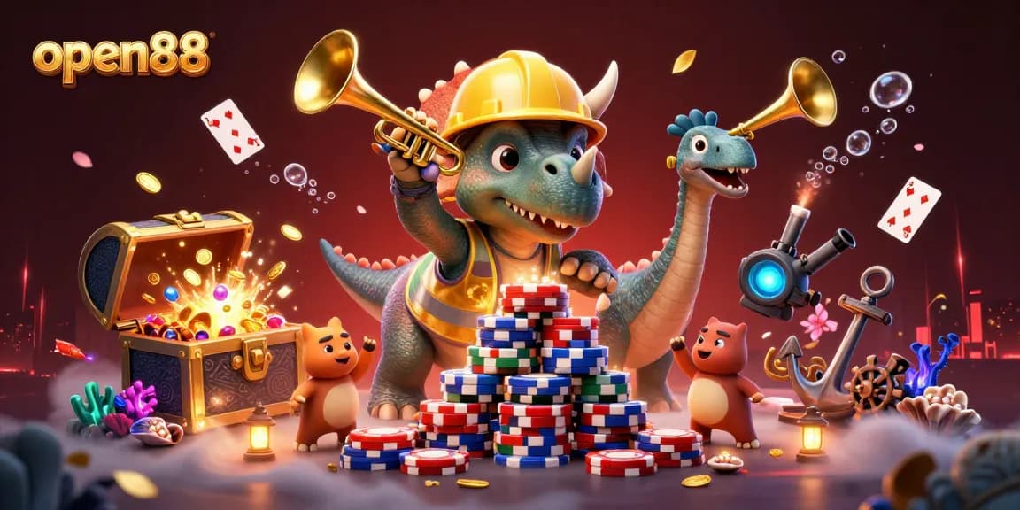 Open88 casino illustration featuring a 3D triceratops building poker chips with celebration elements.