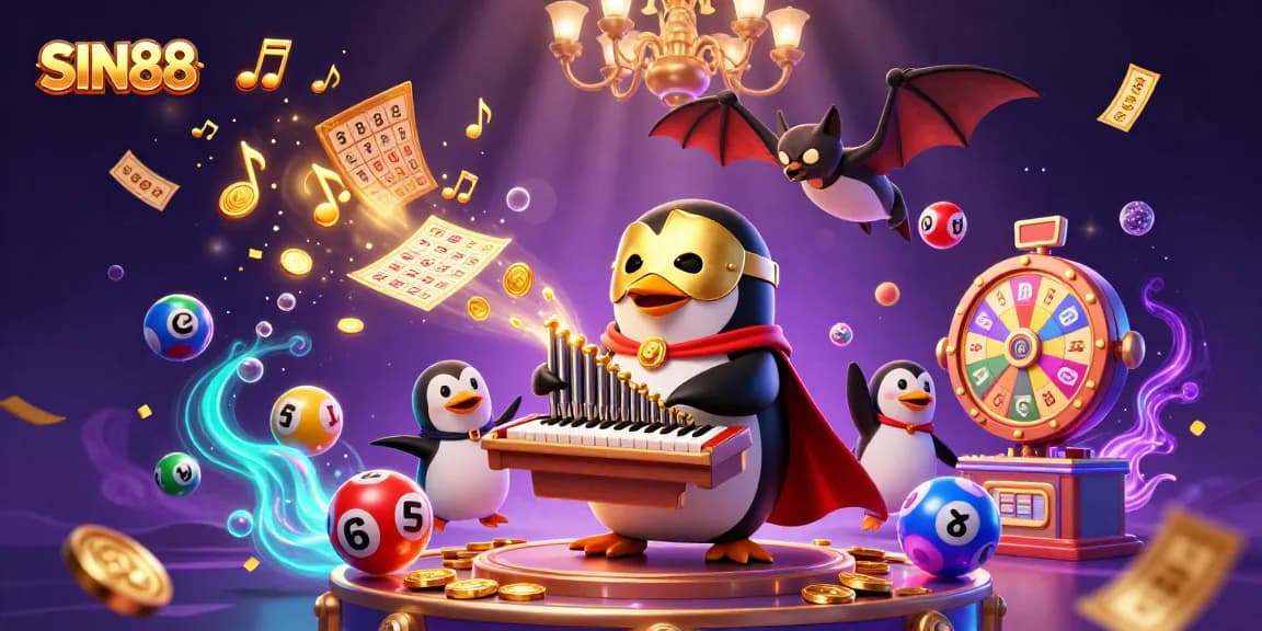 SIN88 showcases a lively casino scene featuring a penguin and acrobat amid colorful lottery elements.