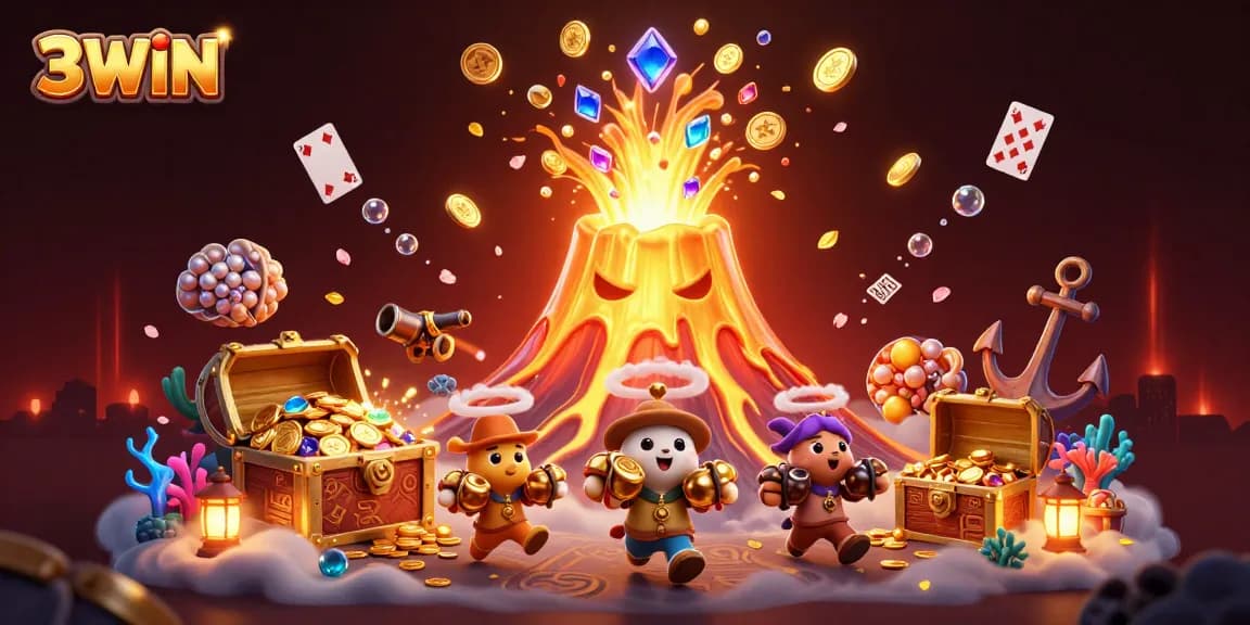 3WIN casino illustration featuring a triumphant golden volcano erupting coins, adventure awaits!