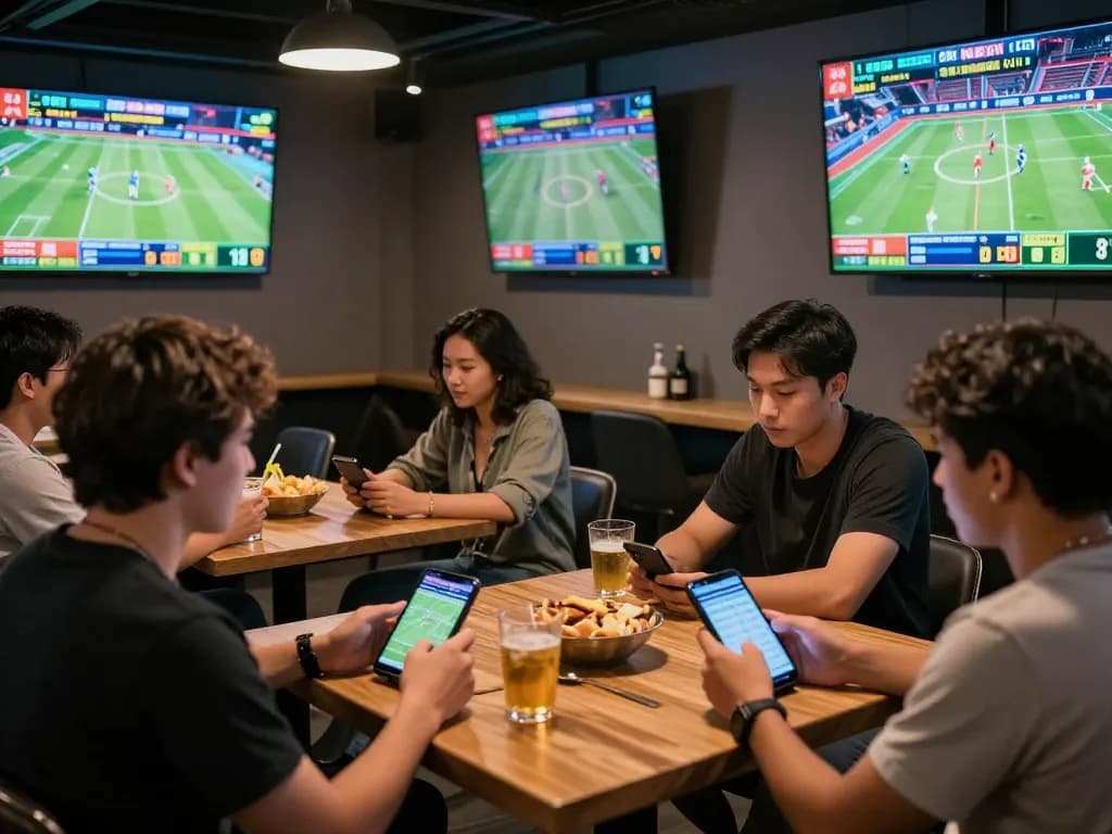 Sports betting excitement with bettors using mobile devices at nhà cái lounge, live game screens visible