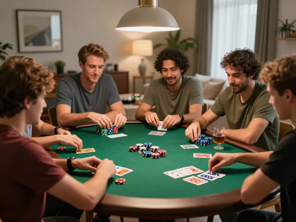 Friends enjoy a lively poker night at home, engaging in strategic gameplay while using chips at the table with w188 branding.