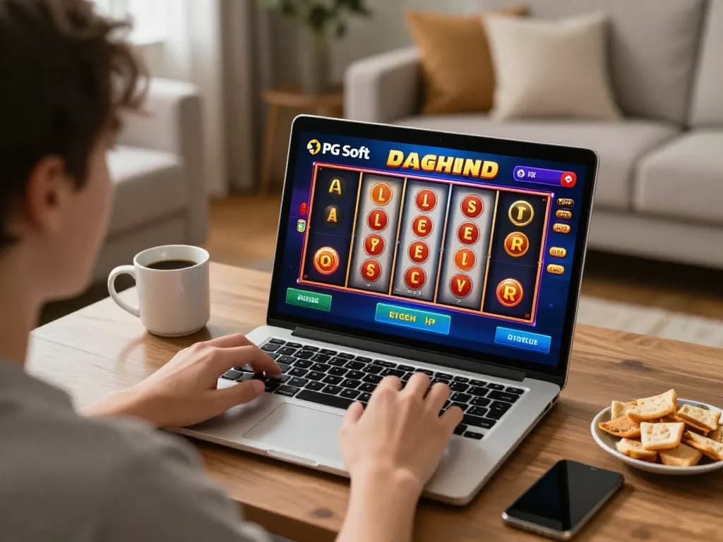 Bermain PG Soft Demo Gratis dari rumah dengan slot warna-warni di layar laptop, menciptakan suasana yang nyaman.