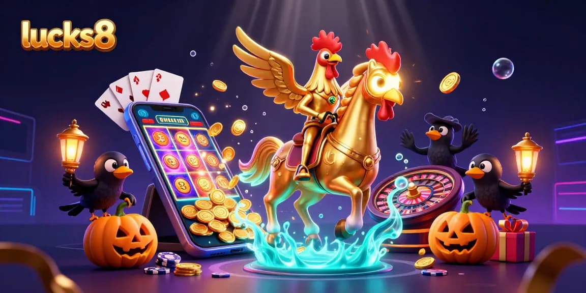 Spin the reels at lucks8 with a golden rooster in a vibrant casino scene with slot games.