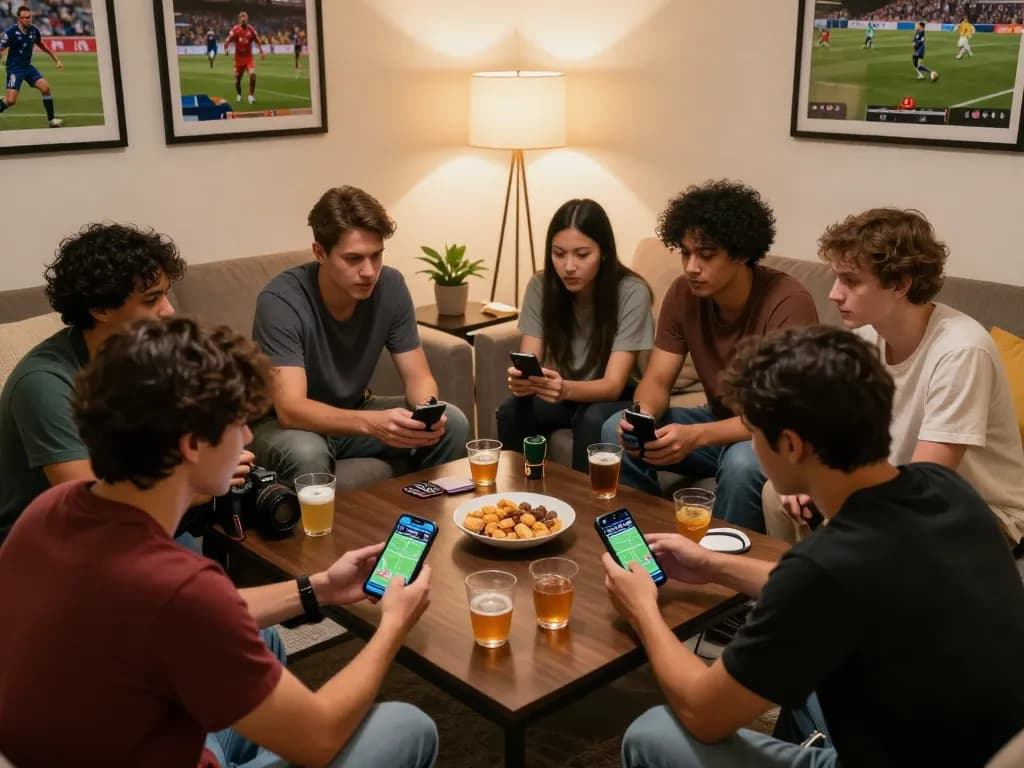 Friends analyzing betting odds on the keonhacai app during an energetic sports viewing party.