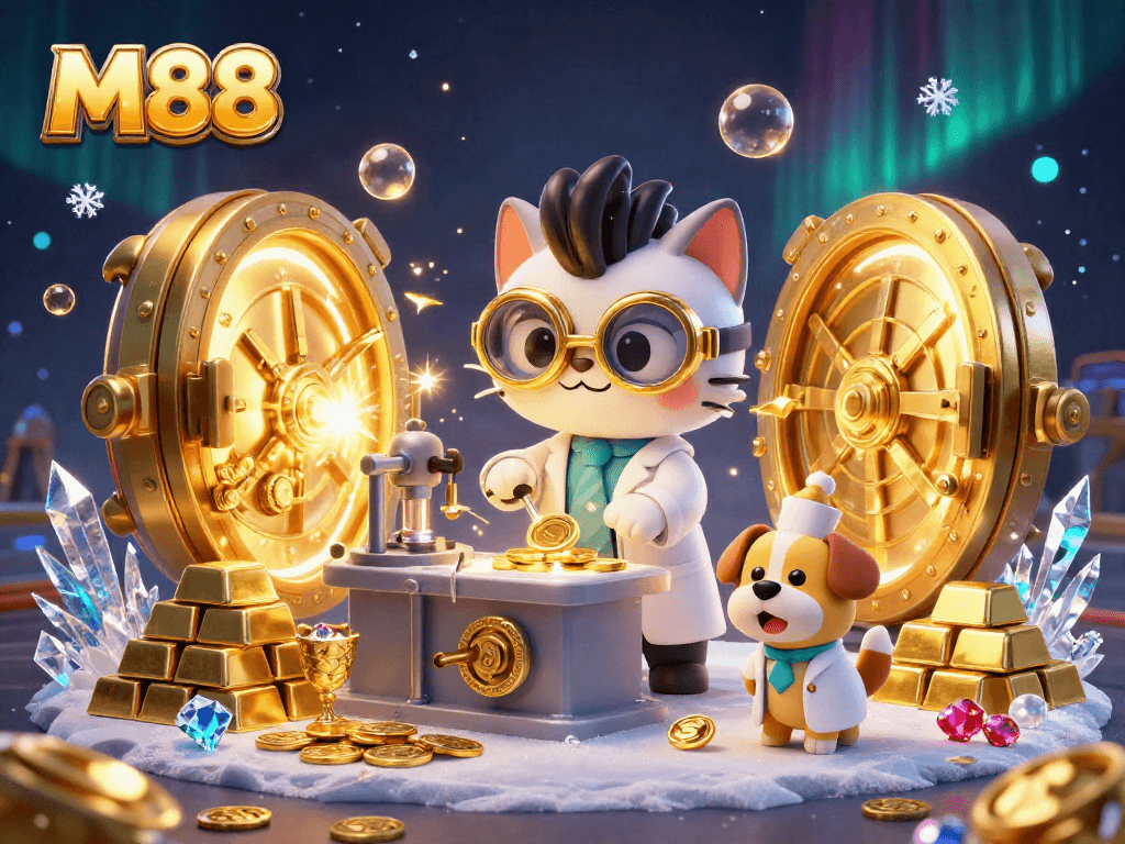 M88 brings fun to life in this vibrant 3D scene of a mad scientist cat and his dog assistant crafting riches.