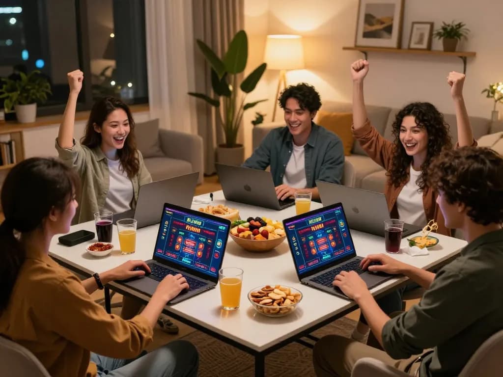 Kuwin players engage in thrilling online casino gaming with friends at home, celebrating wins.