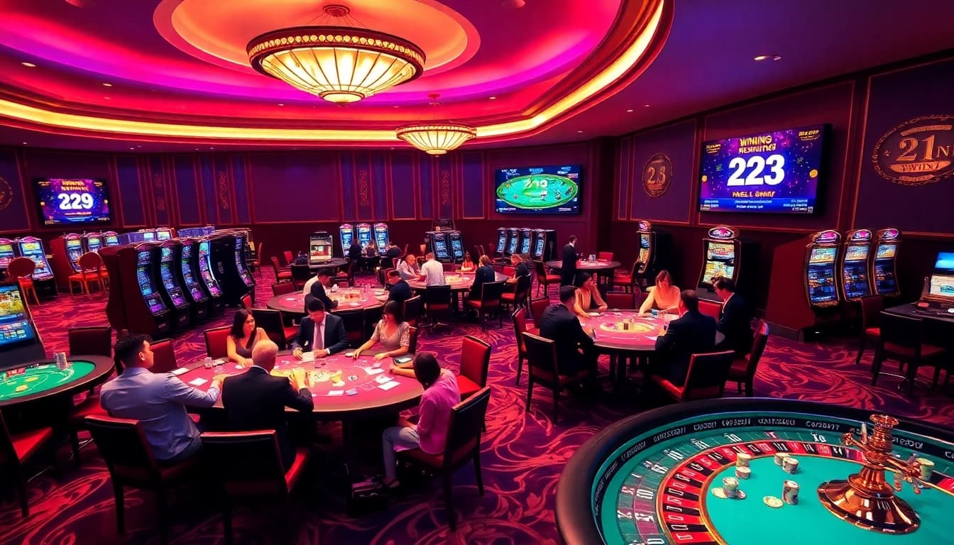 Exciting gameplay at 23win nhà cái casino with elegant poker tables and vibrant slot machines.