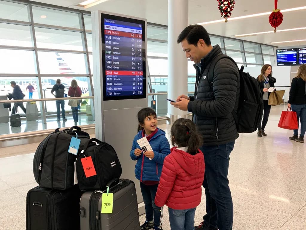 Family checking in for an American Airlines 789P flight, showcasing travel excitement.