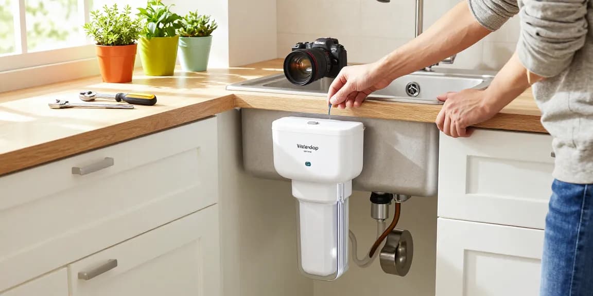 Person installing Waterdrop TST-UF-B 0.01 Micron Ultra-Filtration Under Sink Water Filter in a bright kitchen.