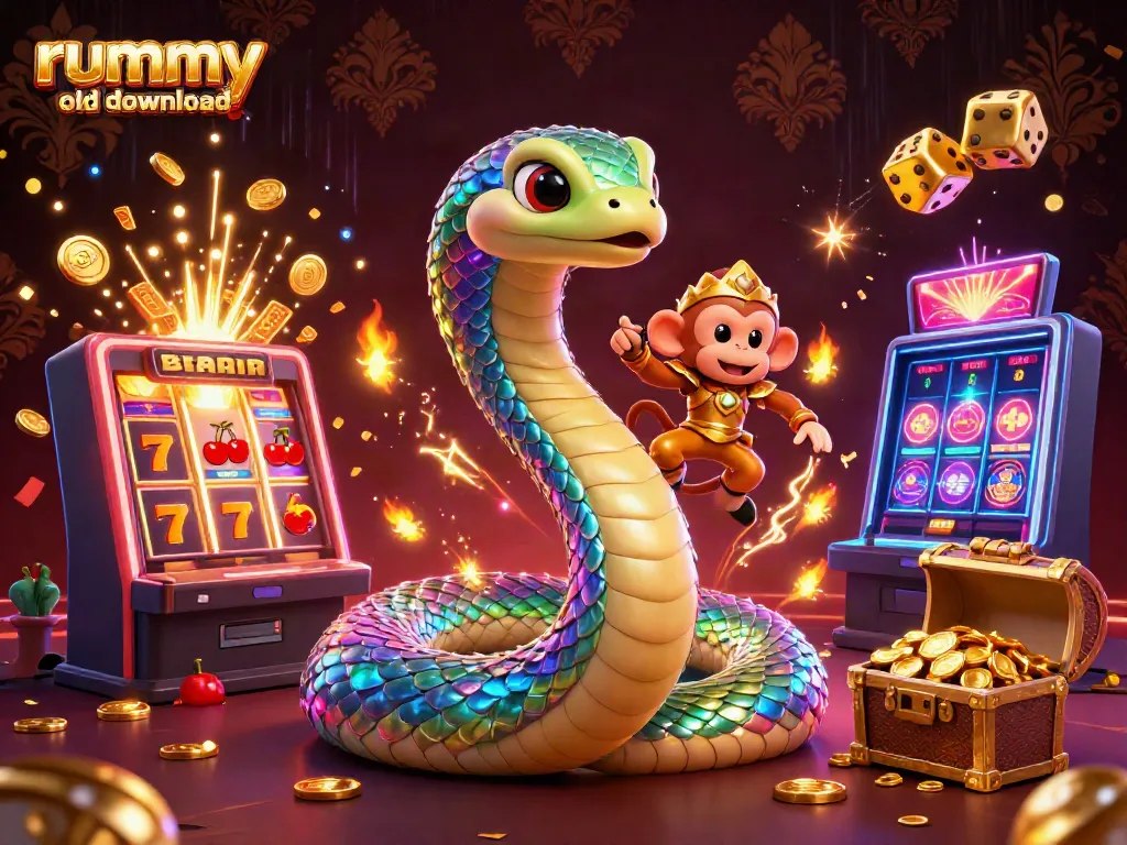 Engage in rummy old download with vibrant 3D characters amidst exciting casino elements and glowing treasures.