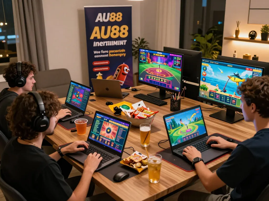 Gamers enjoying various activities on AU88 entertainment platform, including sports betting and casino games.