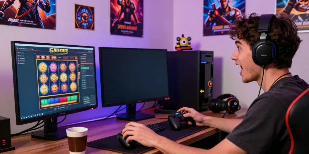 A player engaging with a slot gacor game on a desktop, showcasing vibrant graphics and immersive atmosphere.