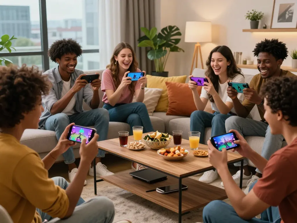 Friends having fun playing mobile porn games in a cozy living room with a vibrant atmosphere