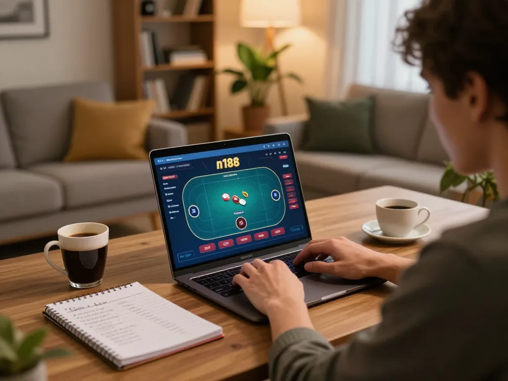 Player engaging in an online poker game on n188, with strategic notes on the table, in a cozy setting.