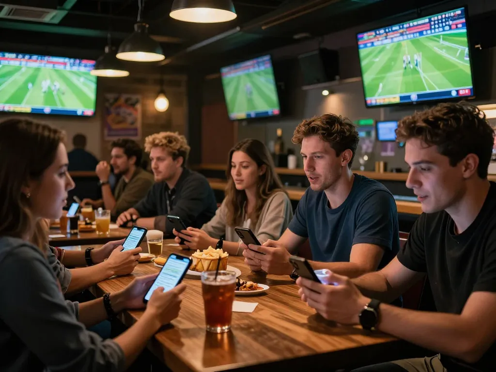 Kèo nhà cái 88 scene of engaged bettors in a lively sports bar placing bets on ongoing football matches.