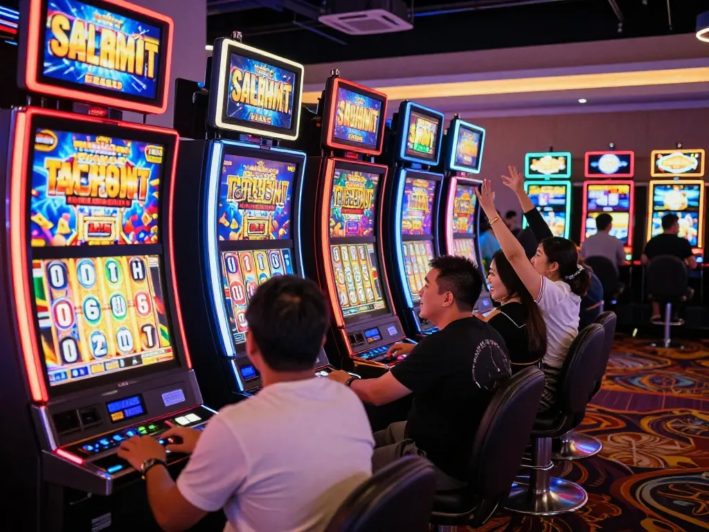 Engaged players experiencing the excitement of slot machines in a lively casino environment