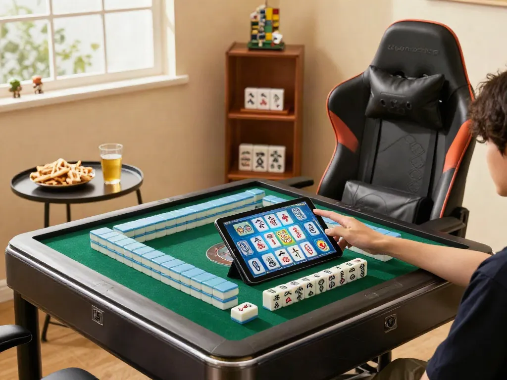 Permainan slot mahjong yang seru dengan simbol-simbol menarik di tablet dan suasana nyaman di dalam ruangan.