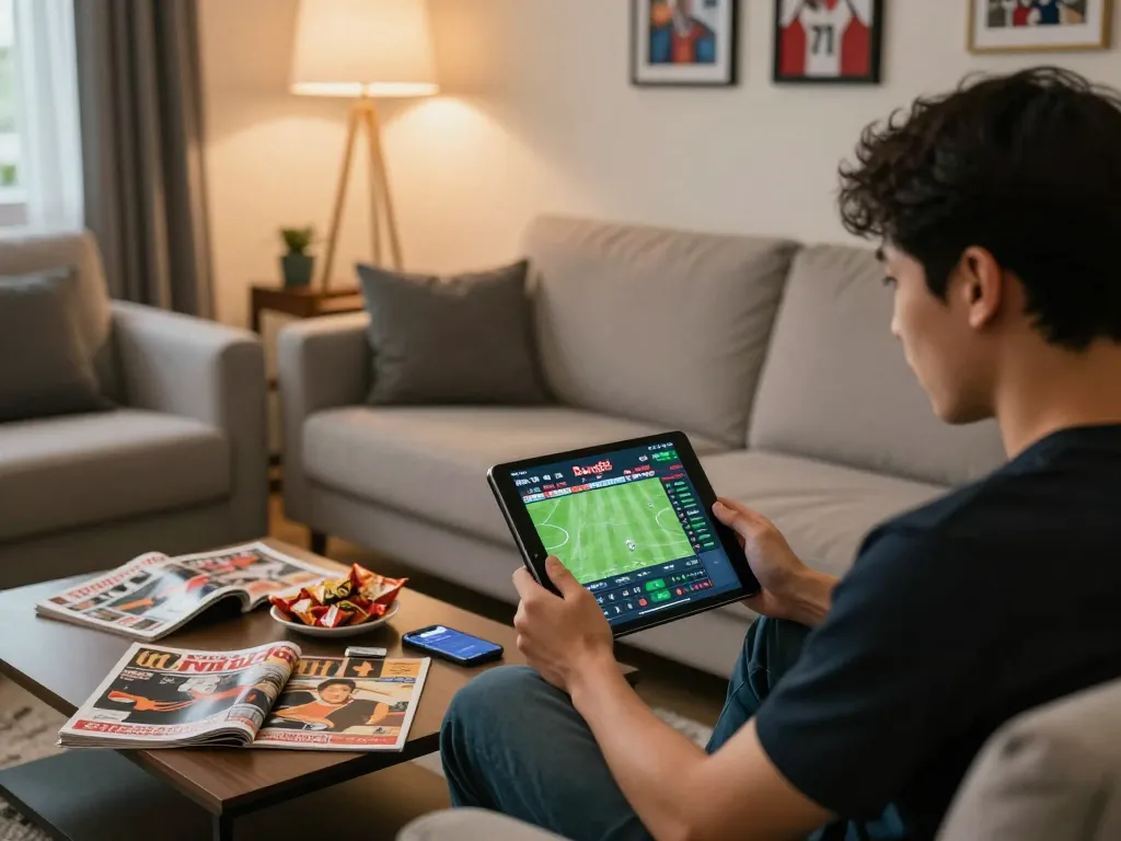 Bong88 user engaging with live sports betting app on tablet in modern home setting