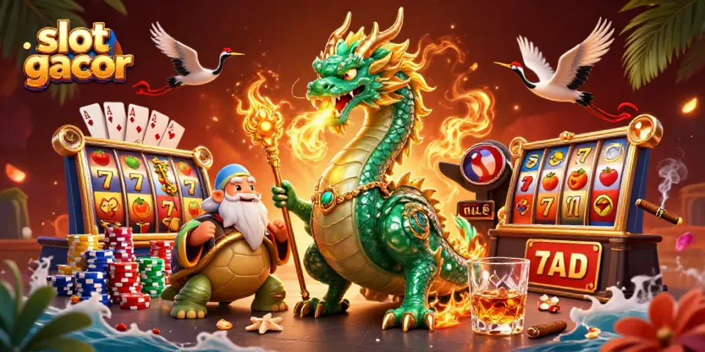 Engage with "slot gacor" as a colorful jade dragon breathes fire in a vibrant casino scene.