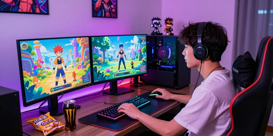 Engrossing gay hentai game session with vibrant characters and immersive gaming setup
