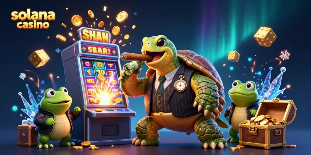 Experience the excitement of playing at a solana casino with lively characters and vibrant 3D illustrations.