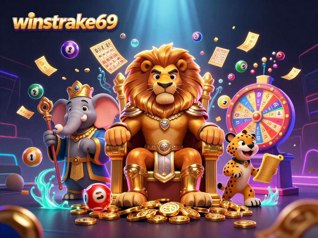 Experience the excitement of winstrike69 with vibrant lottery elements and royal characters in a dazzling 3D casino scene.