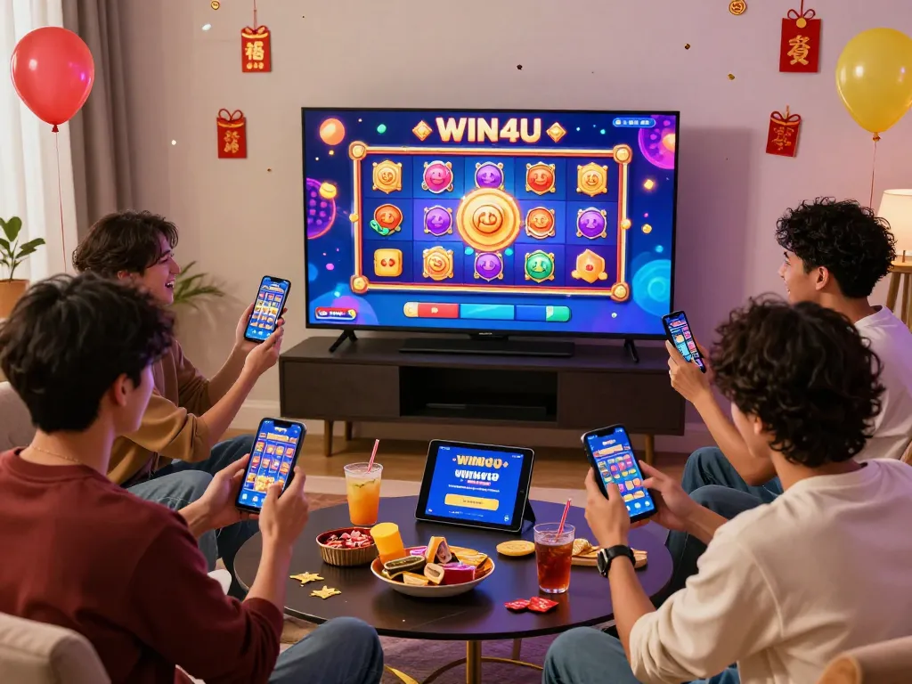 Friends enjoying w4u slot game on WIN4U app in a festive, colorful gaming environment.