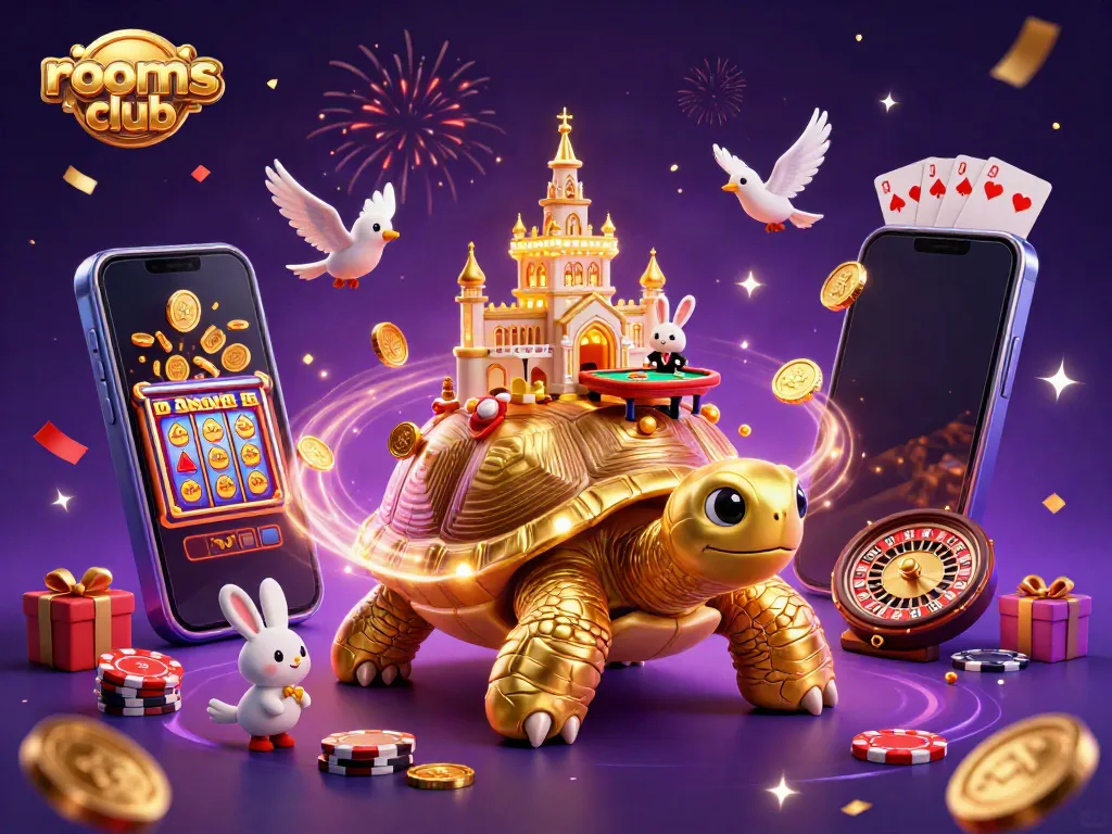 Permainan kasino di rooms-club dengan penyu emas raksasa dan dealer kelinci.