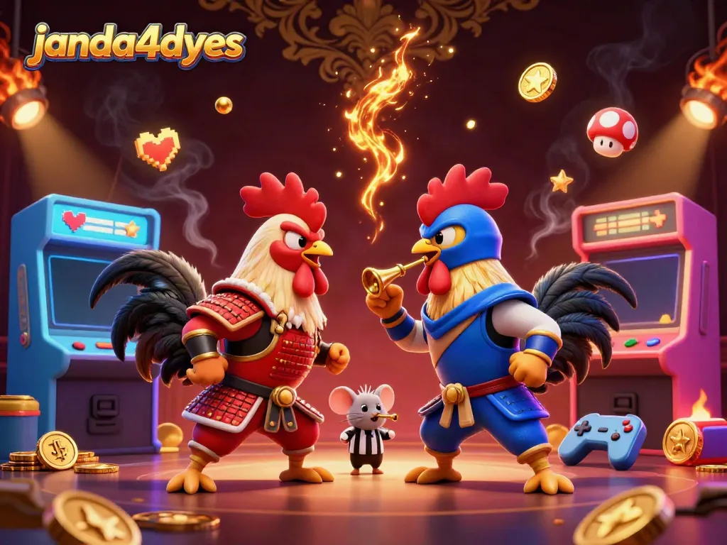 Gambar janda4dyes dengan dua ayam berperang dalam pertarungan dramatis, di tengah mesin permainan kasino.
