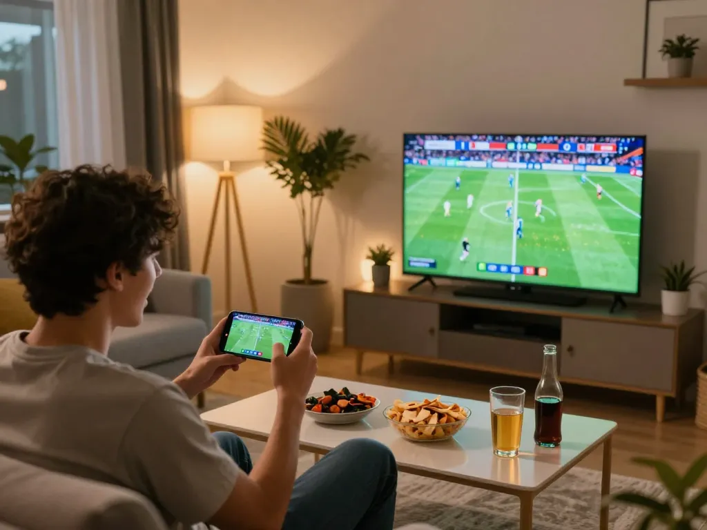 Person engaging in real-time bets on cakhiatv while watching live sports match on TV