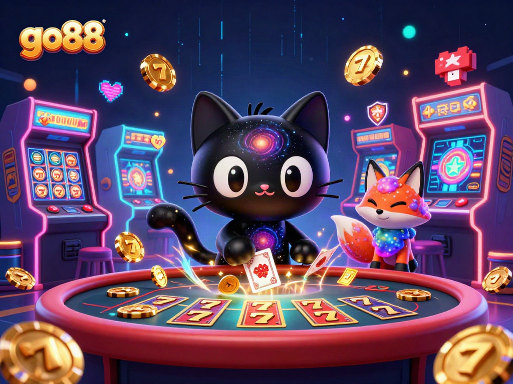 Experience exciting gameplay with go88 in a vibrant cosmic casino setting, featuring charming characters.