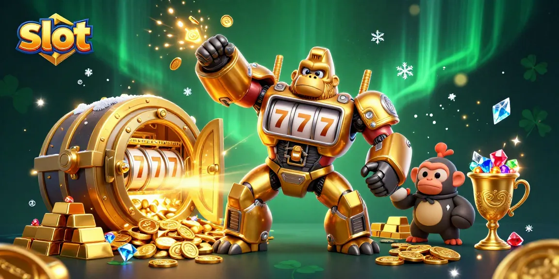 Experience thrilling slot action with a golden gorilla mech surrounded by treasure.