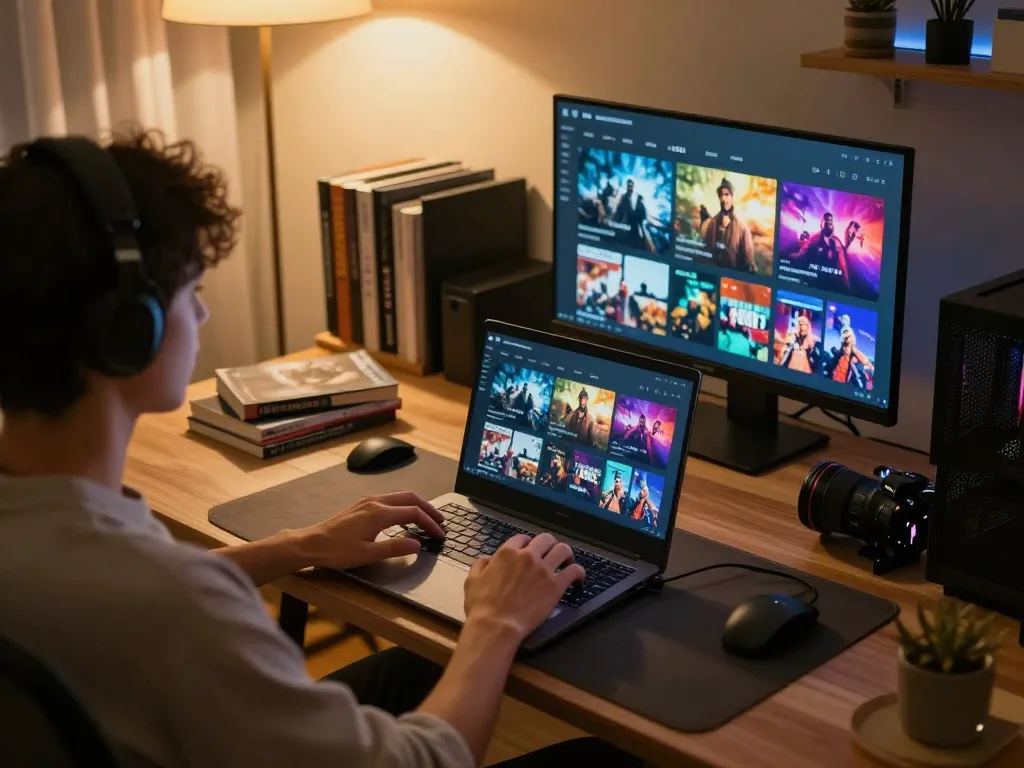 Engaging scene of a player enjoying ดูหนังออนไลน์ on a laptop, creating a cozy home entertainment atmosphere