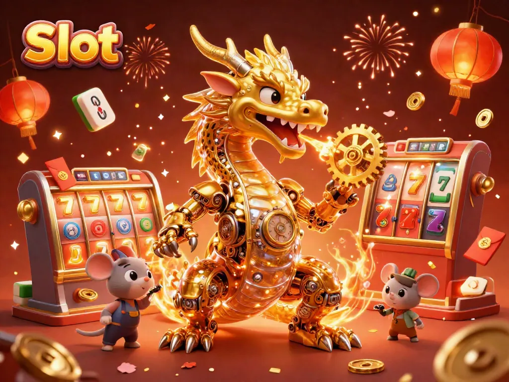 Menyenangkan Slot dengan mesin slot berkilau, naga emas, dan perayaan warna-warni.