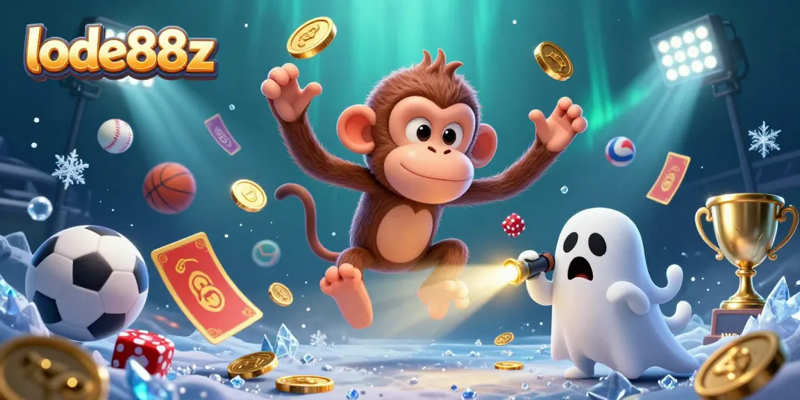 Engage with lode88z in an action-packed, colorful casino illustration featuring a playful monkey and ghost-hunter puppy.